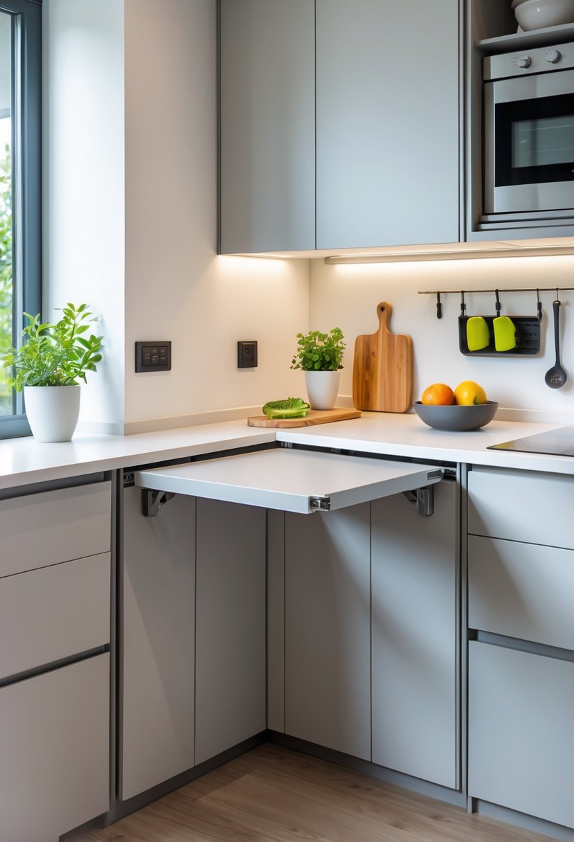 A kitchen corner with a wall-mounted fold-down table extended, surrounded by modern cabinetry and organized storage.