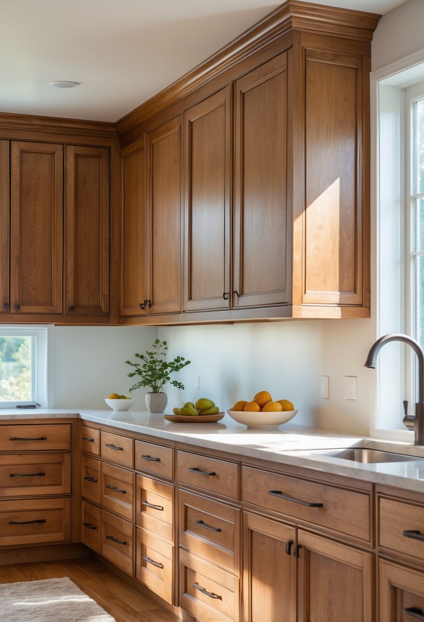 A modern kitchen with high-quality wooden cabinets, a clean countertop, and natural light coming through a window.