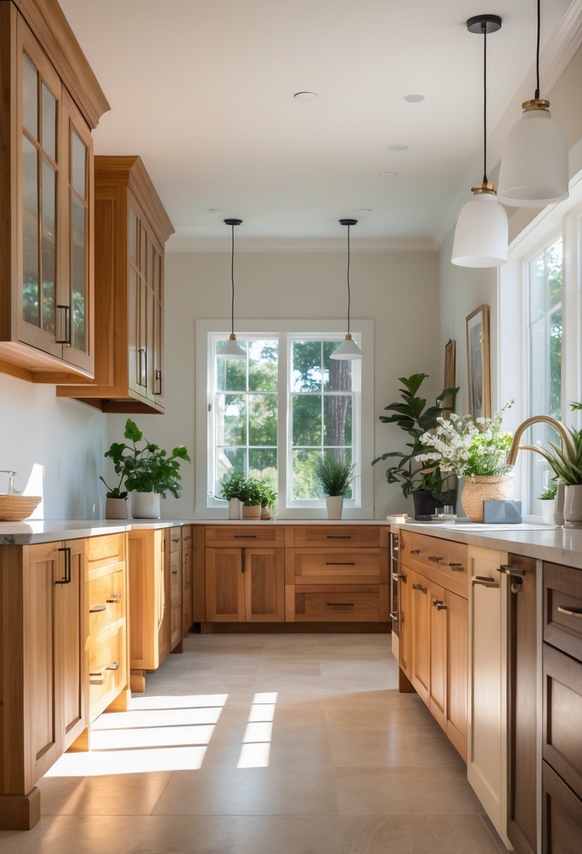 A bright modern room with five different custom wooden cabinets displayed, illuminated by natural light from large windows.