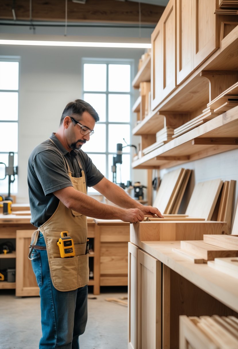 A cabinet maker working on a wooden cabinet door in a bright and organized woodworking shop.