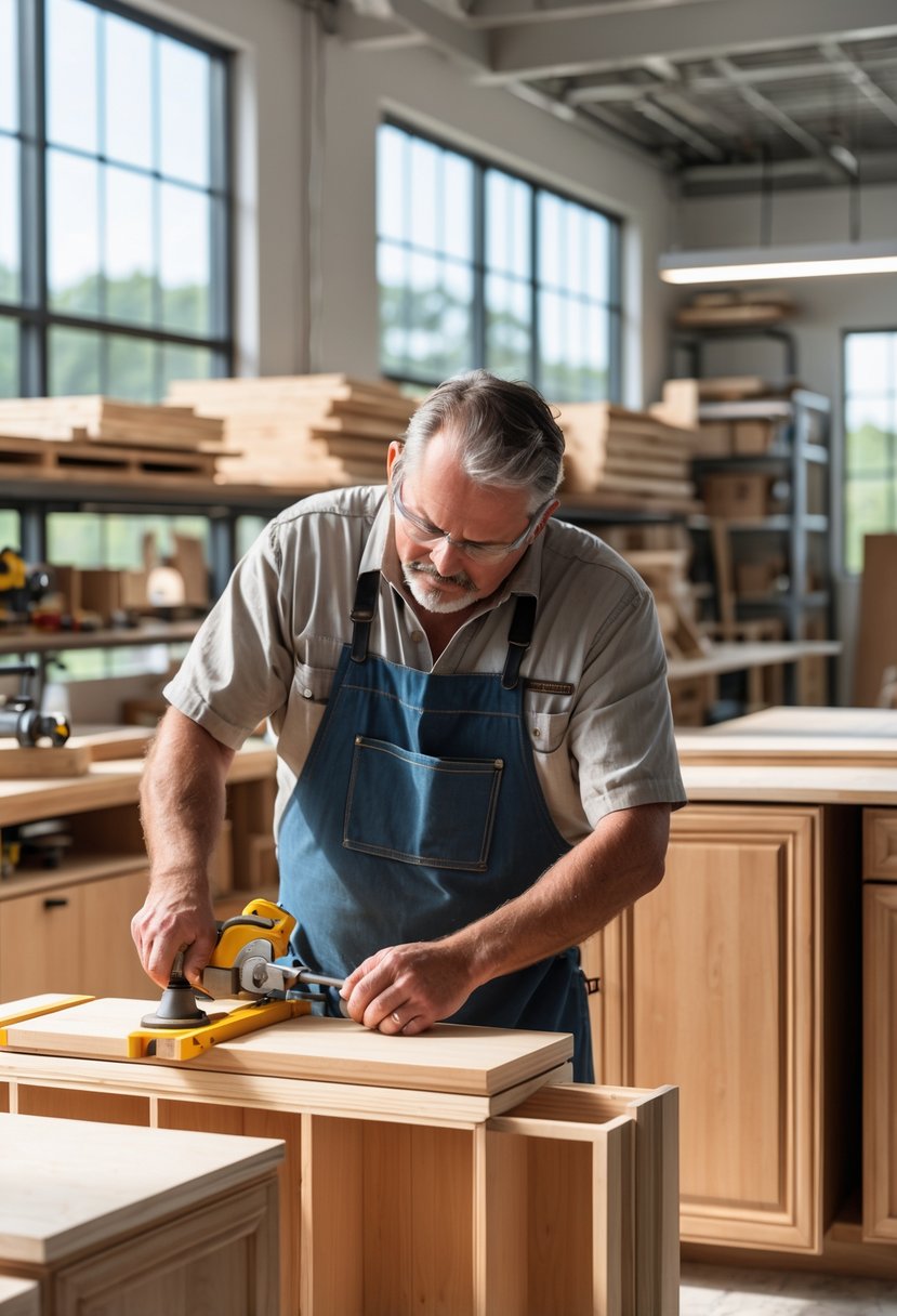 A cabinet maker carefully assembling wooden cabinet doors in a bright, organized woodworking shop.