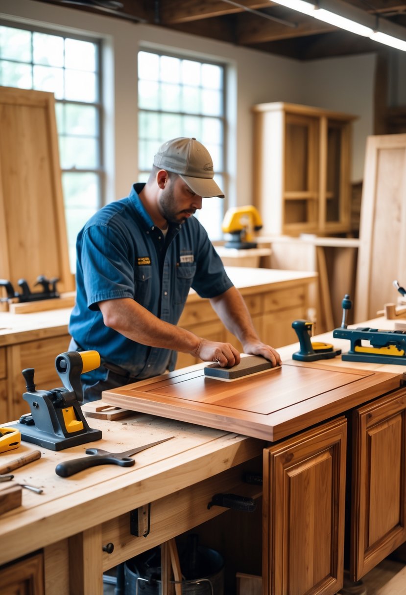 A cabinet maker sanding a wooden cabinet door in a bright woodworking shop with tools and wooden panels around.