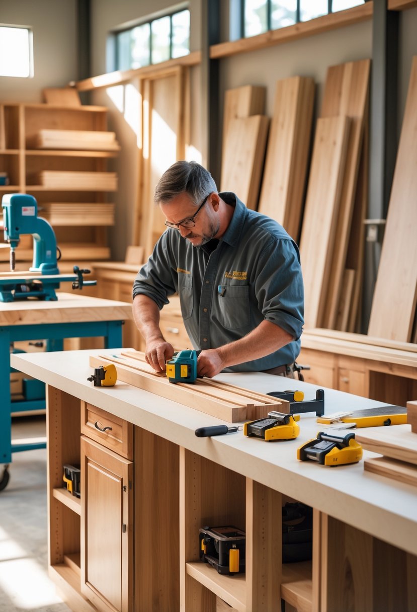 A cabinet maker carefully assembling wooden cabinet parts in a woodworking shop filled with tools and wood materials.