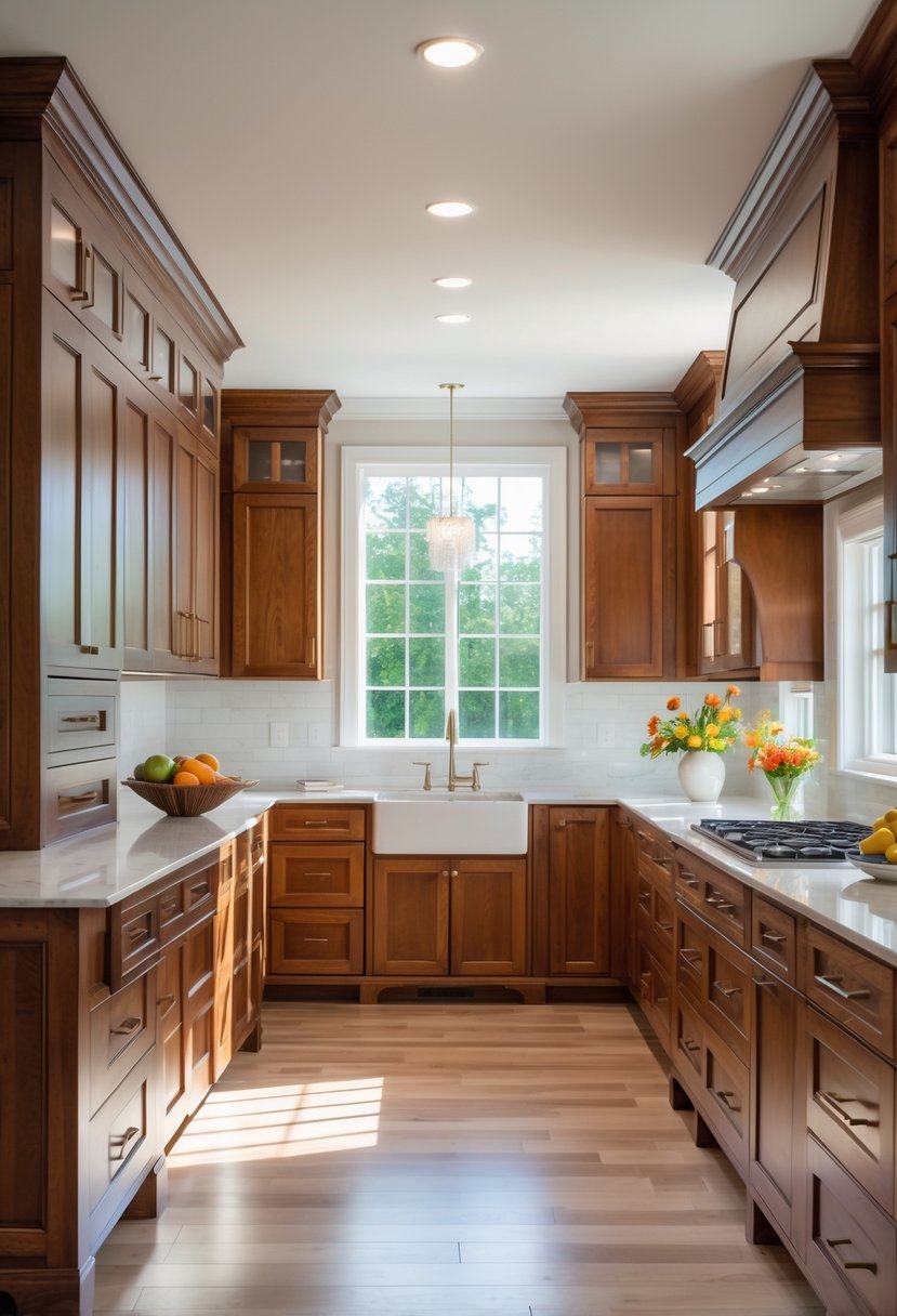 A bright kitchen interior with custom wooden cabinets and a countertop with fruit and flowers.