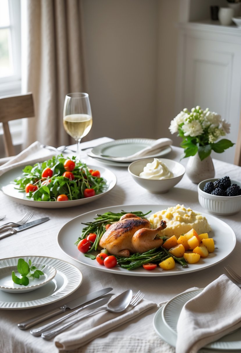 A dining table set with a three-course meal including salad, roasted chicken with vegetables, and fresh berries, arranged for a casual dinner gathering.