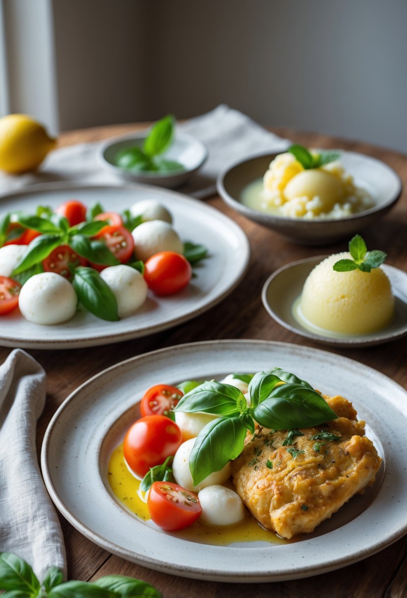 A table set with a Caprese salad, garlic butter chicken, and lemon sorbet arranged as a three-course meal.