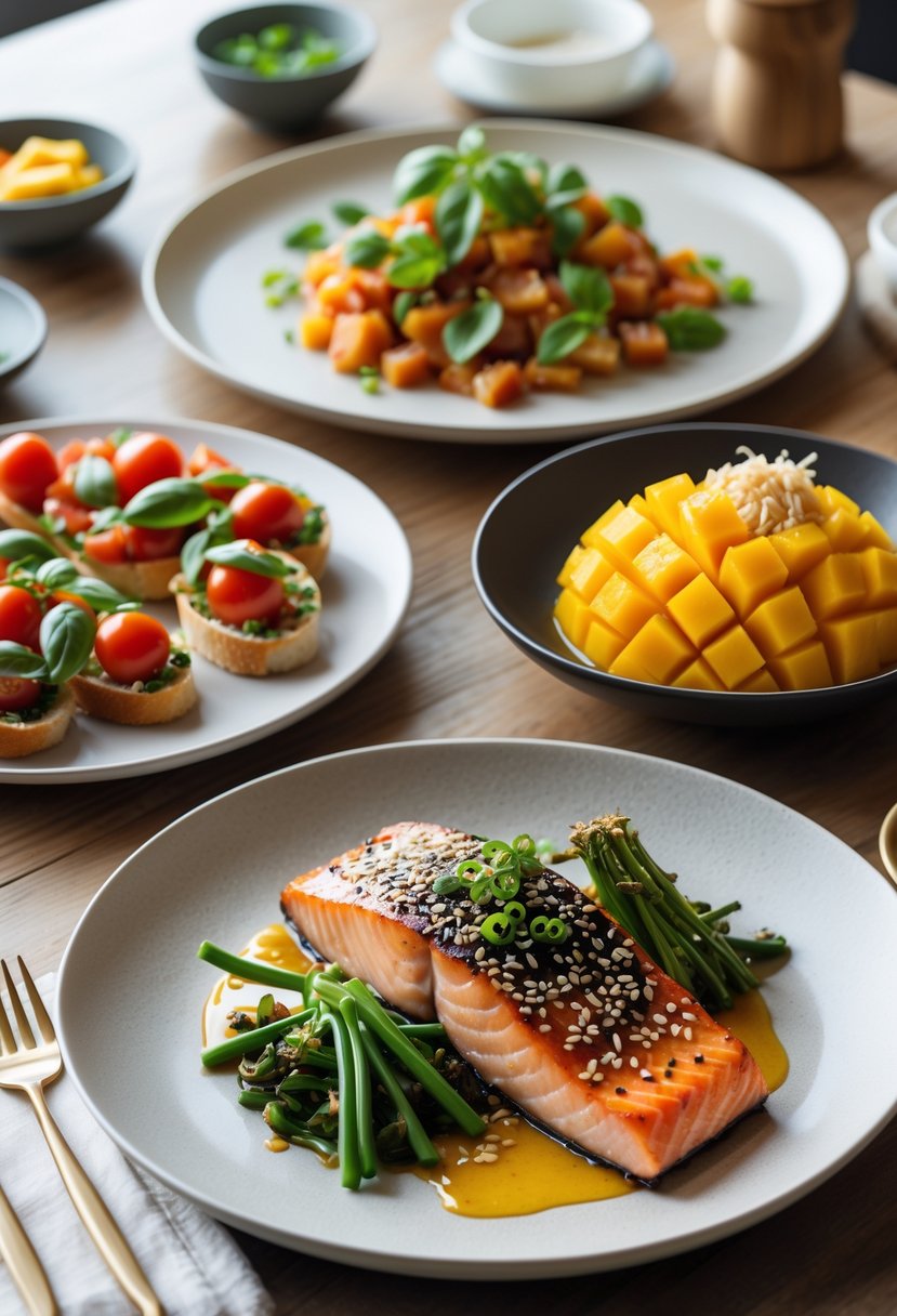 A table set with bruschetta, teriyaki salmon with vegetables, and mango sticky rice arranged as a three-course meal.