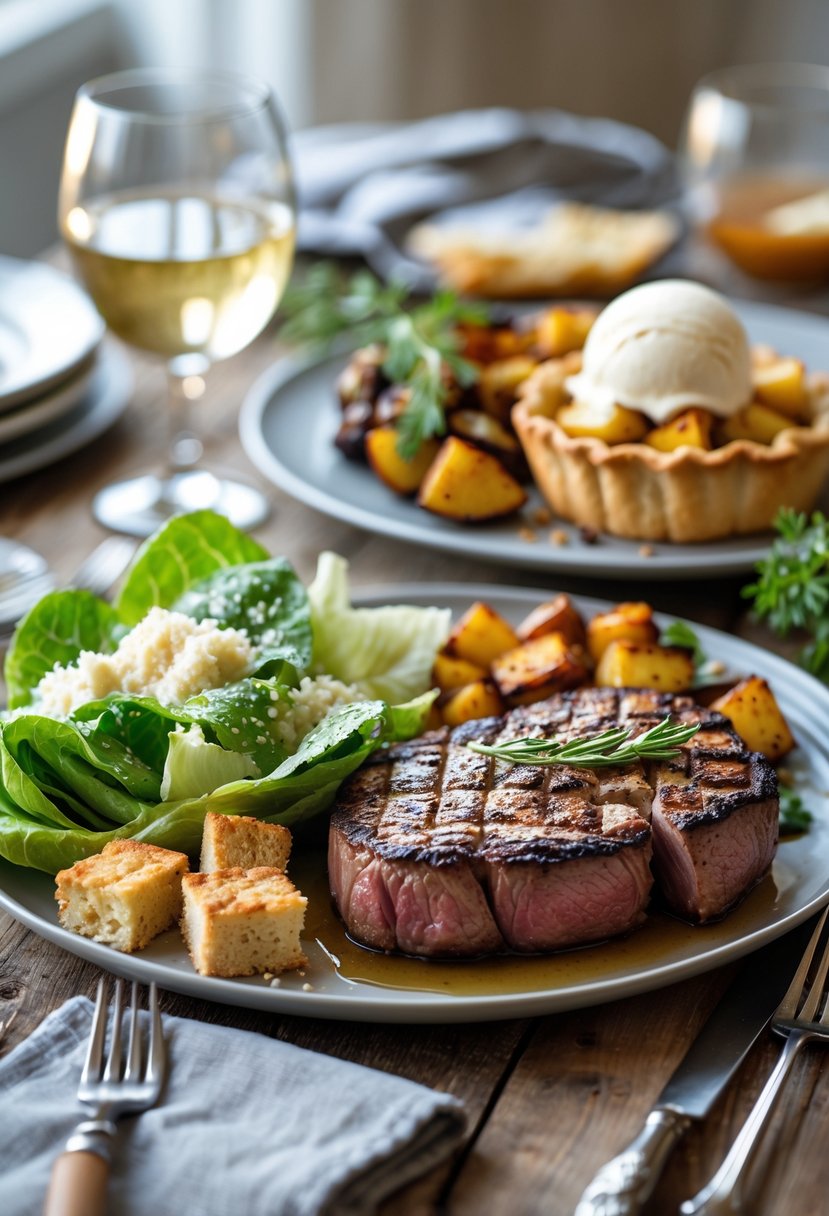A three-course dinner with Caesar salad, grilled steak with vegetables, and a slice of apple pie with vanilla ice cream on a wooden table.