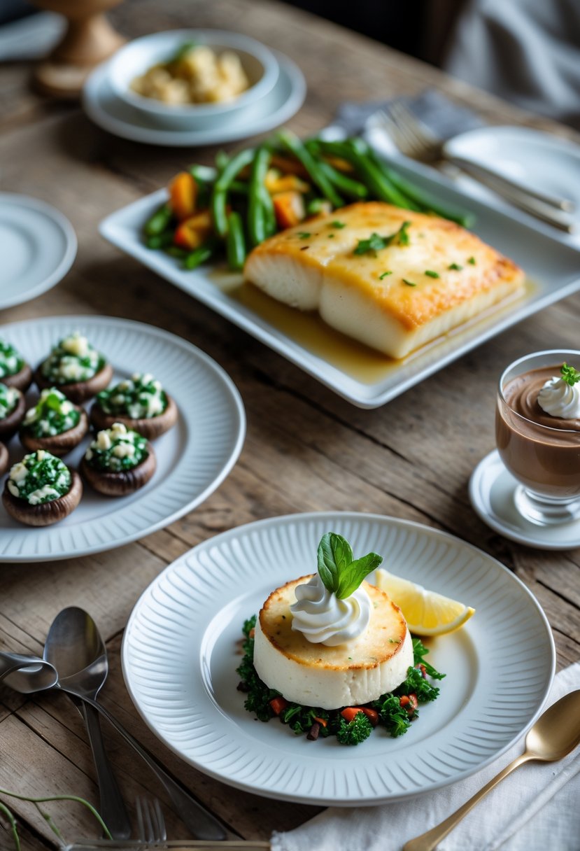 A table set with spinach and feta stuffed mushrooms, baked cod with vegetables, and chocolate mousse dessert.