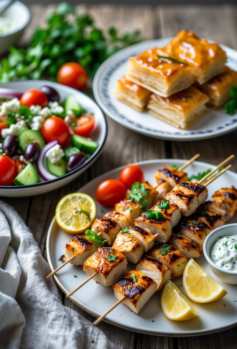 A three-course dinner with a Greek salad, grilled chicken souvlaki skewers with tzatziki, and pieces of baklava on a wooden table.