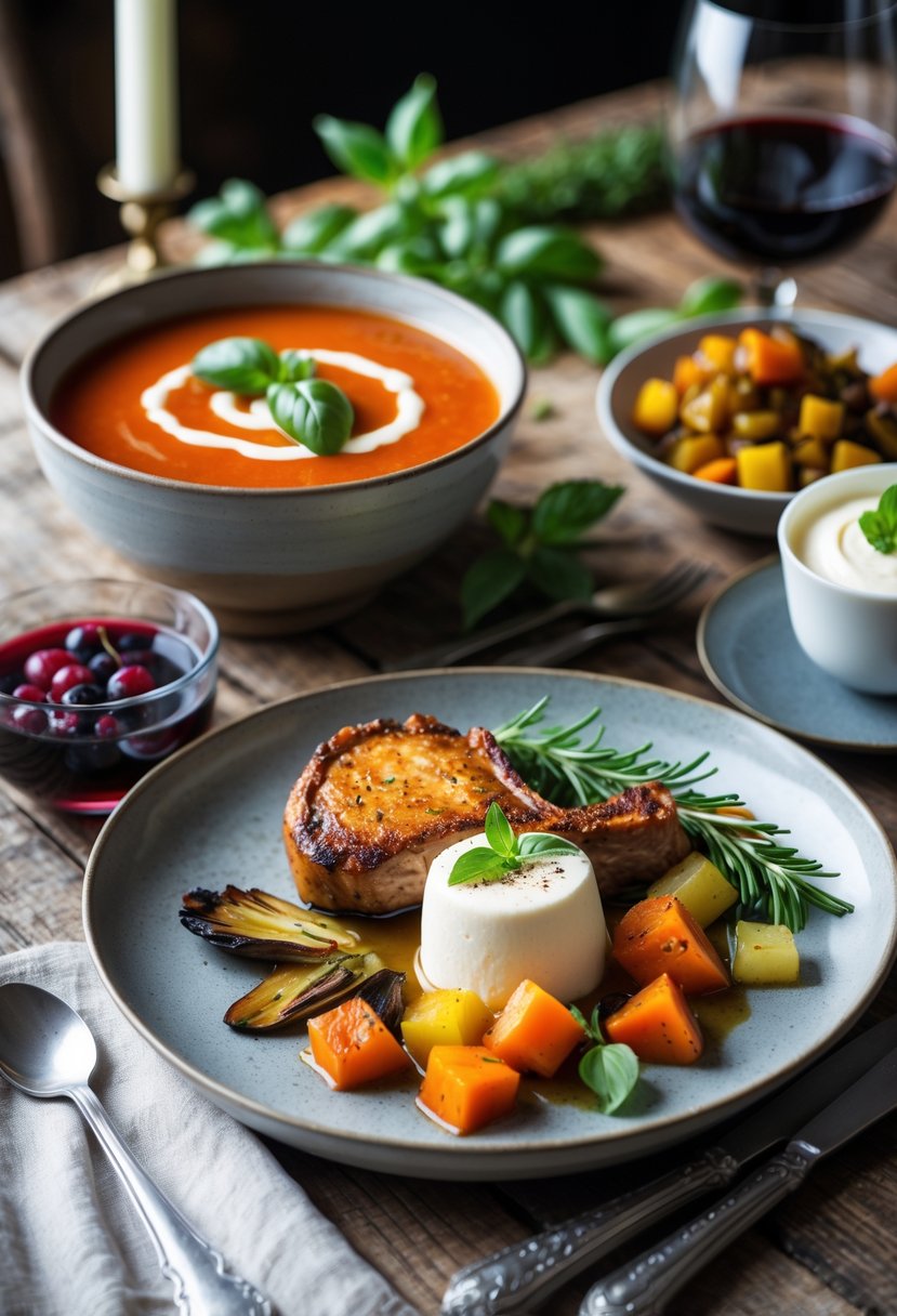 A three-course dinner with tomato basil soup, pan-seared pork chops with vegetables, and panna cotta with berries arranged on a wooden table.