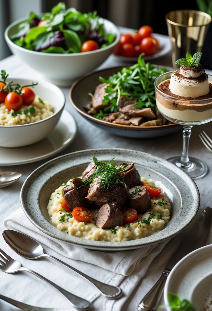 A three-course dinner setup featuring a mixed green salad, Osso Buco with risotto, and Tiramisu dessert on a neatly set dining table.