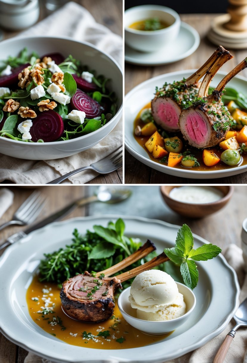 A three-course dinner with roasted beet salad, herb-crusted lamb with vegetables, and vanilla ice cream on a wooden table.