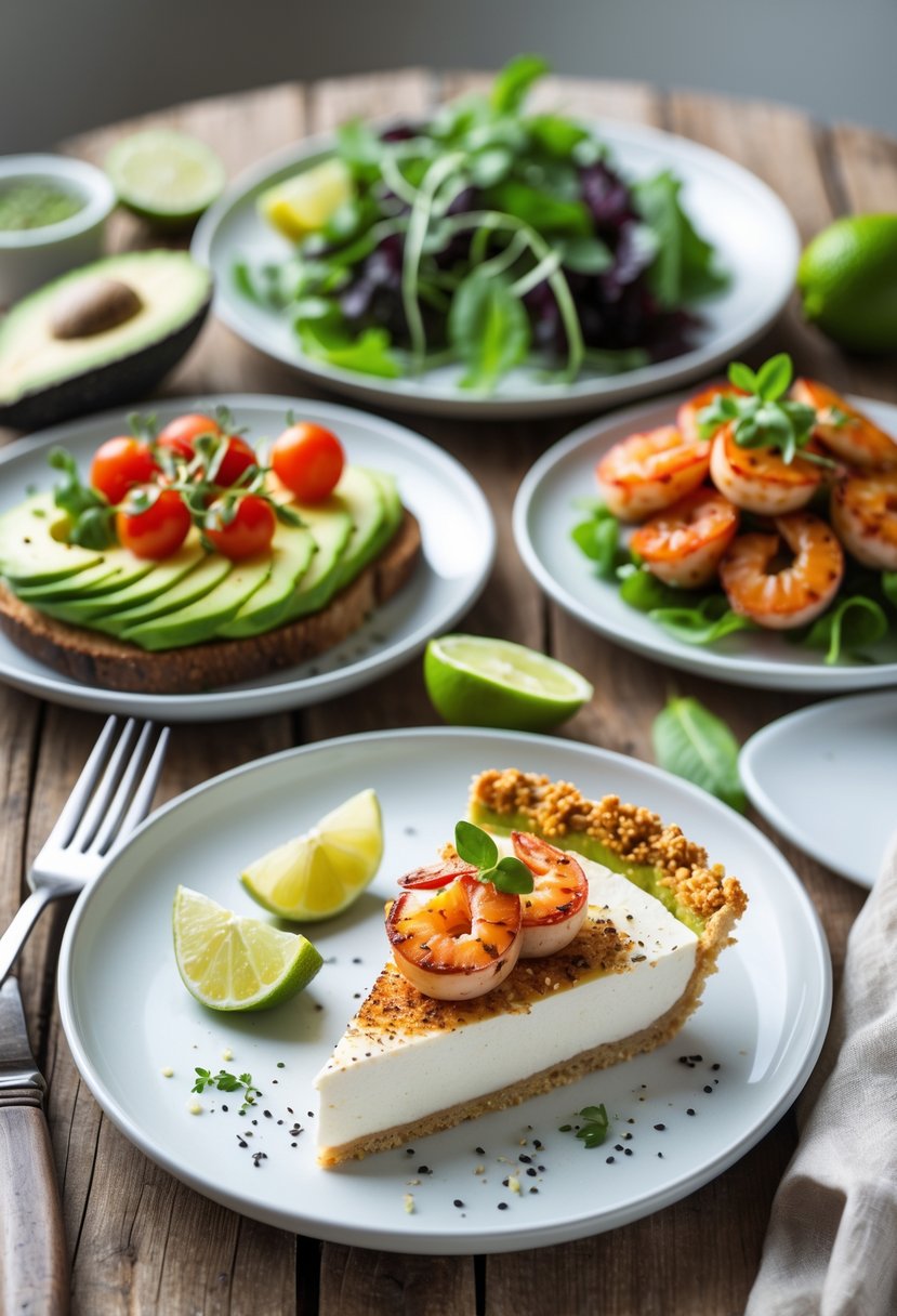 A three-course dinner with avocado toast, blackened shrimp with greens and lemon, and a slice of key lime pie on a wooden table.