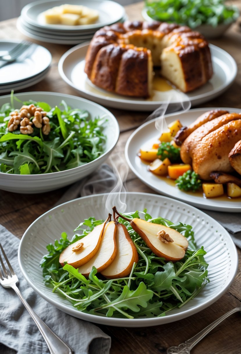 A three-course dinner with arugula and pear salad, roast chicken with vegetables, and bread pudding on a wooden table.