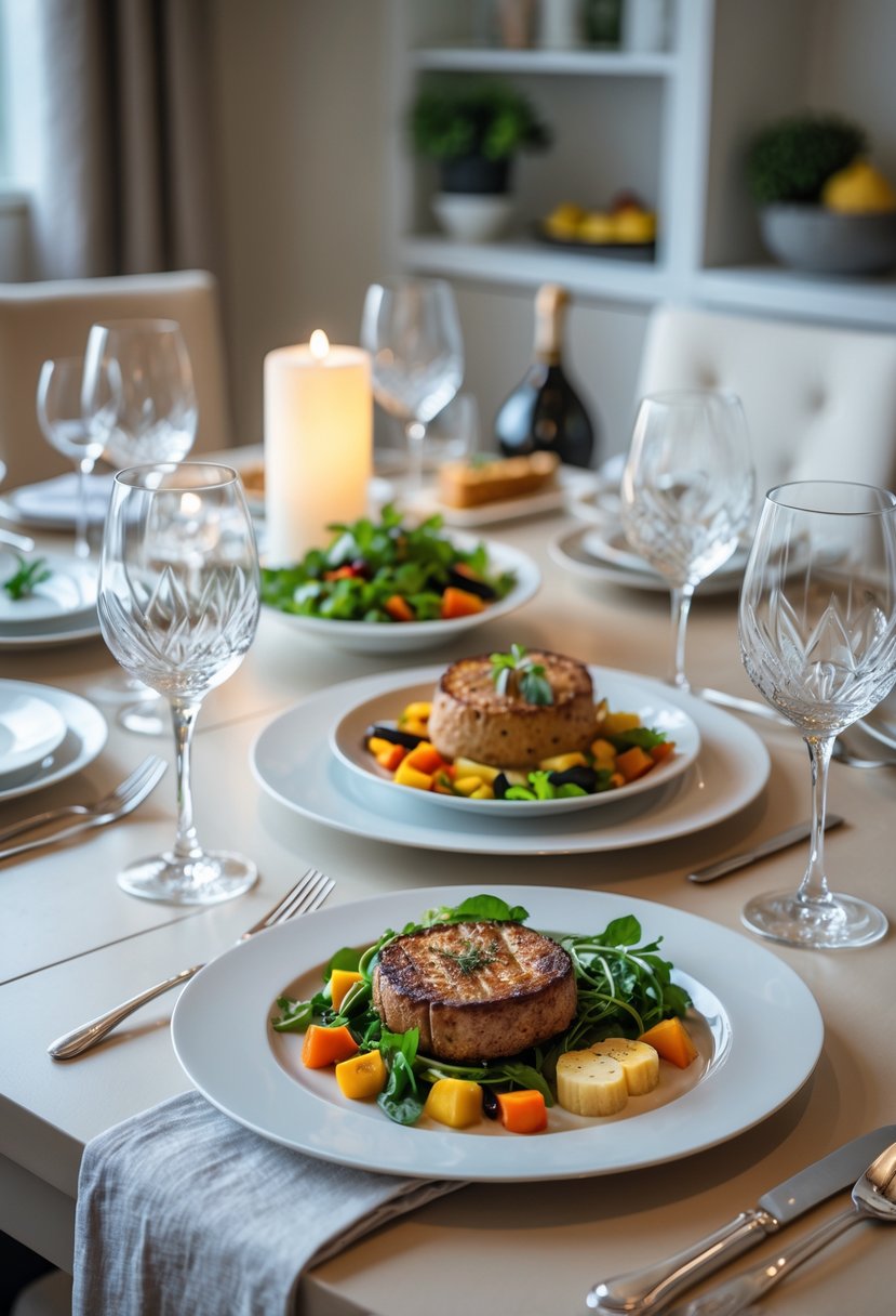 A dining table set with a starter salad, main course with vegetables, and a dessert, with plates, silverware, and glasses arranged neatly in a warm dining room.