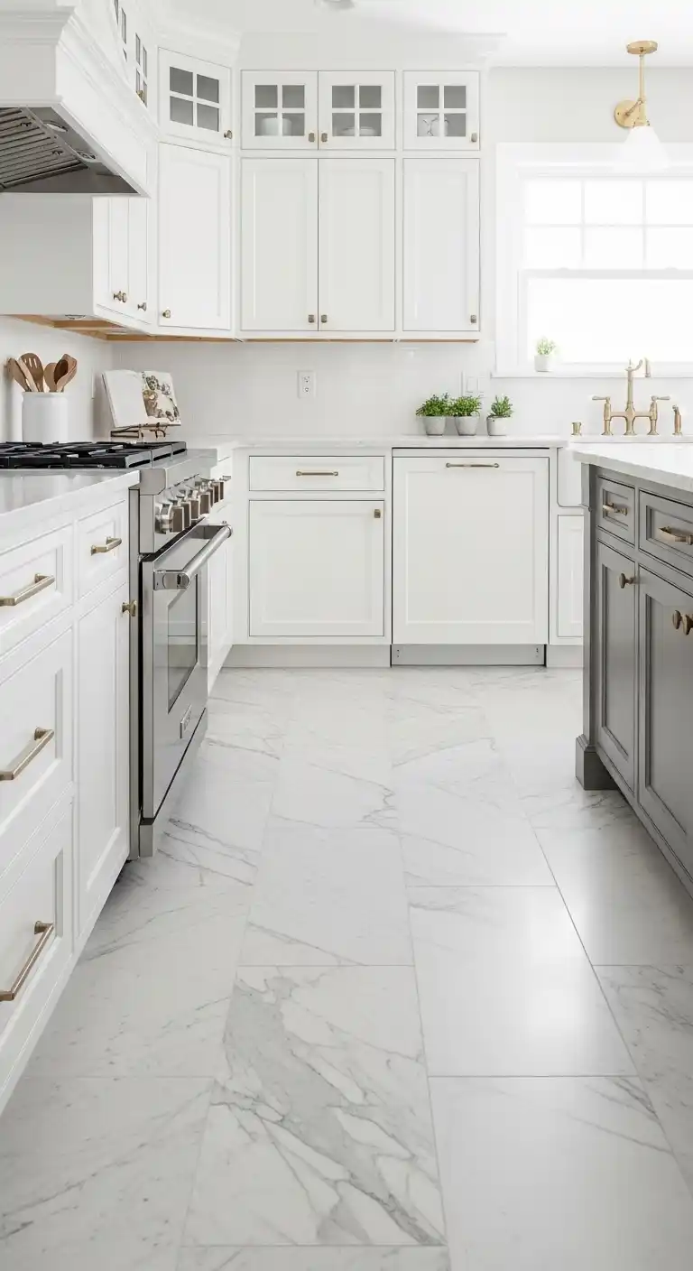 1. Pair Calacatta Marble Floors with White Shaker Cabinets