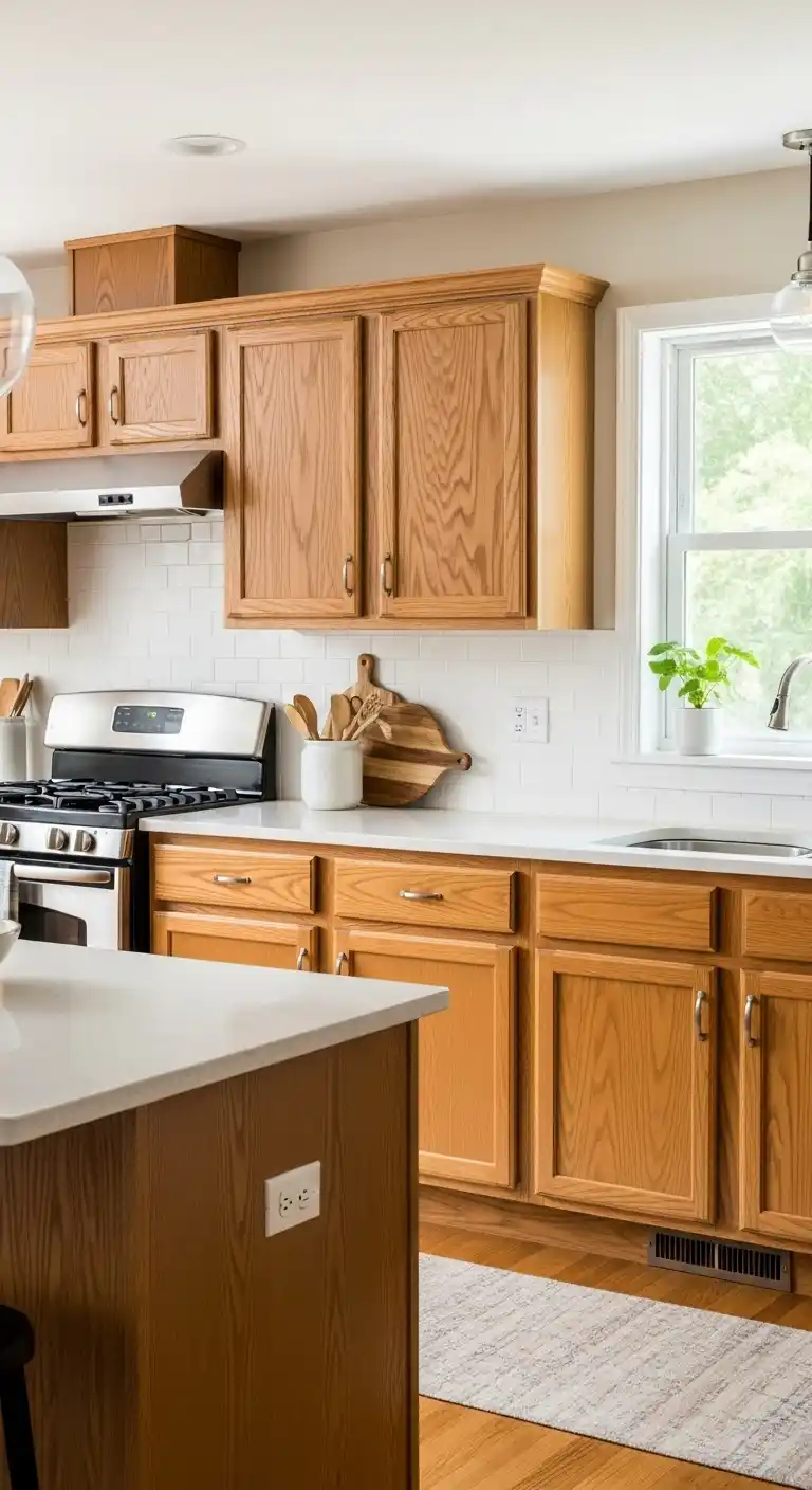 10. Warm Quartz with Honey Oak Cabinets