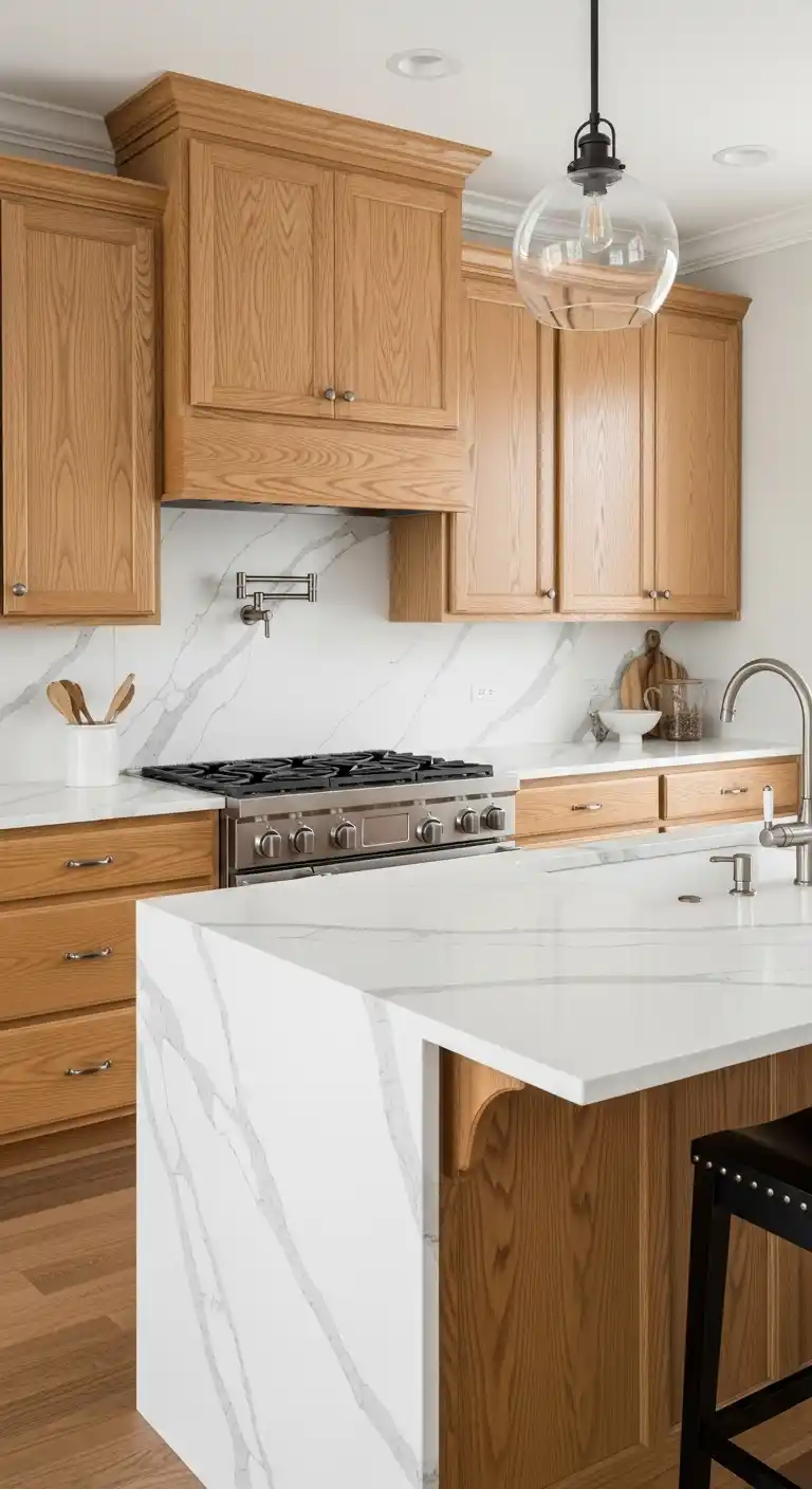 11. White Quartz with Oak Cabinets and Marble Effect