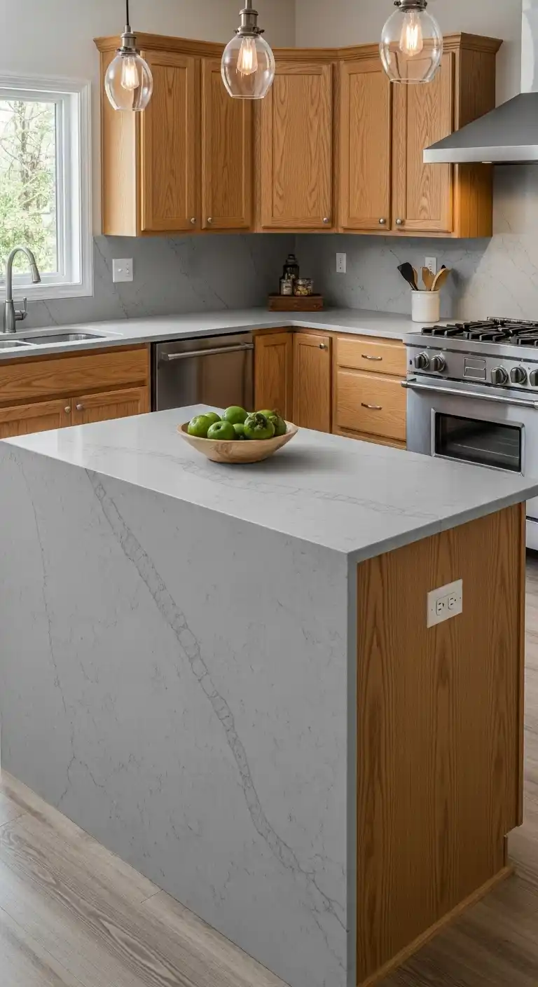 12. Gray Veined Quartz with Natural Oak Cabinets