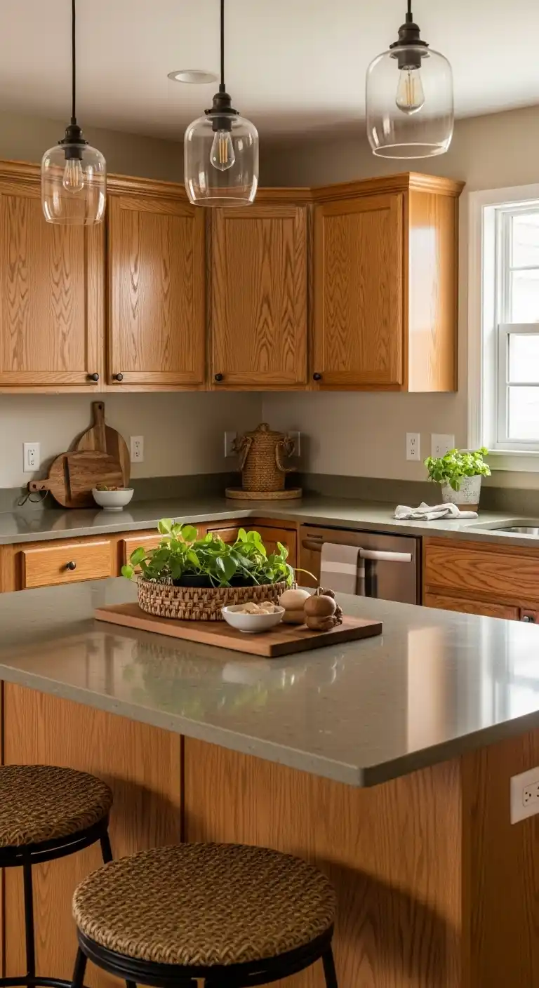 13. Earth-Toned Quartz with Oak Cabinets