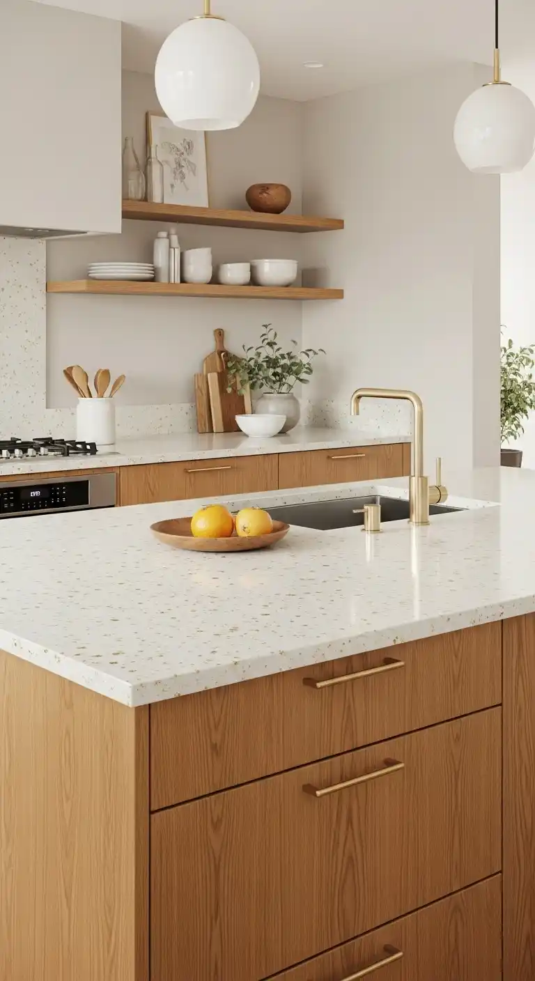 14. Quartz with Flecks of Gold and Oak Cabinets