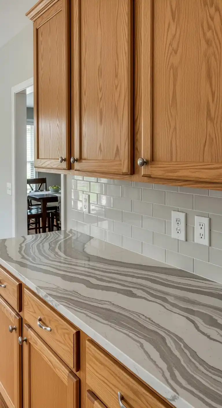 16. Quartz with Gray and Beige Swirls and Oak Cabinets