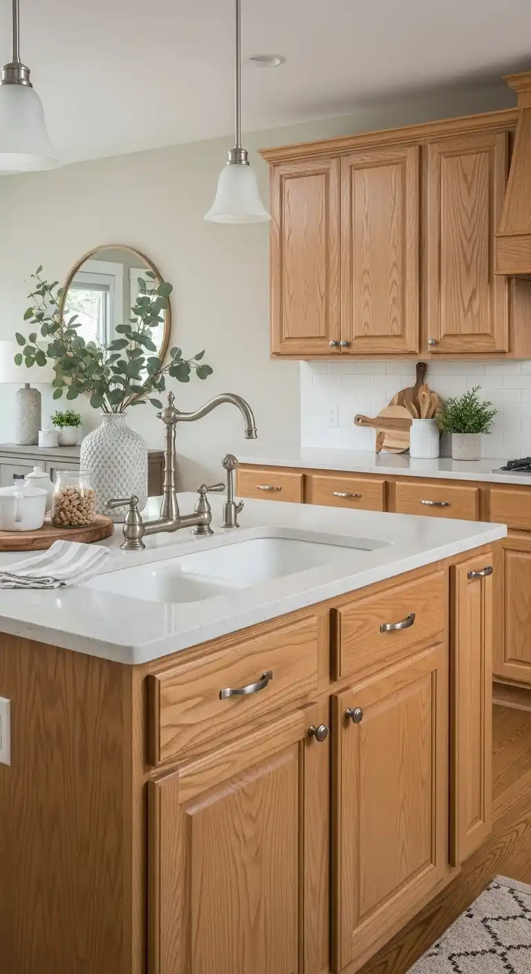 17. Quartz with Cream and Soft Brown Hues with Oak Cabinets