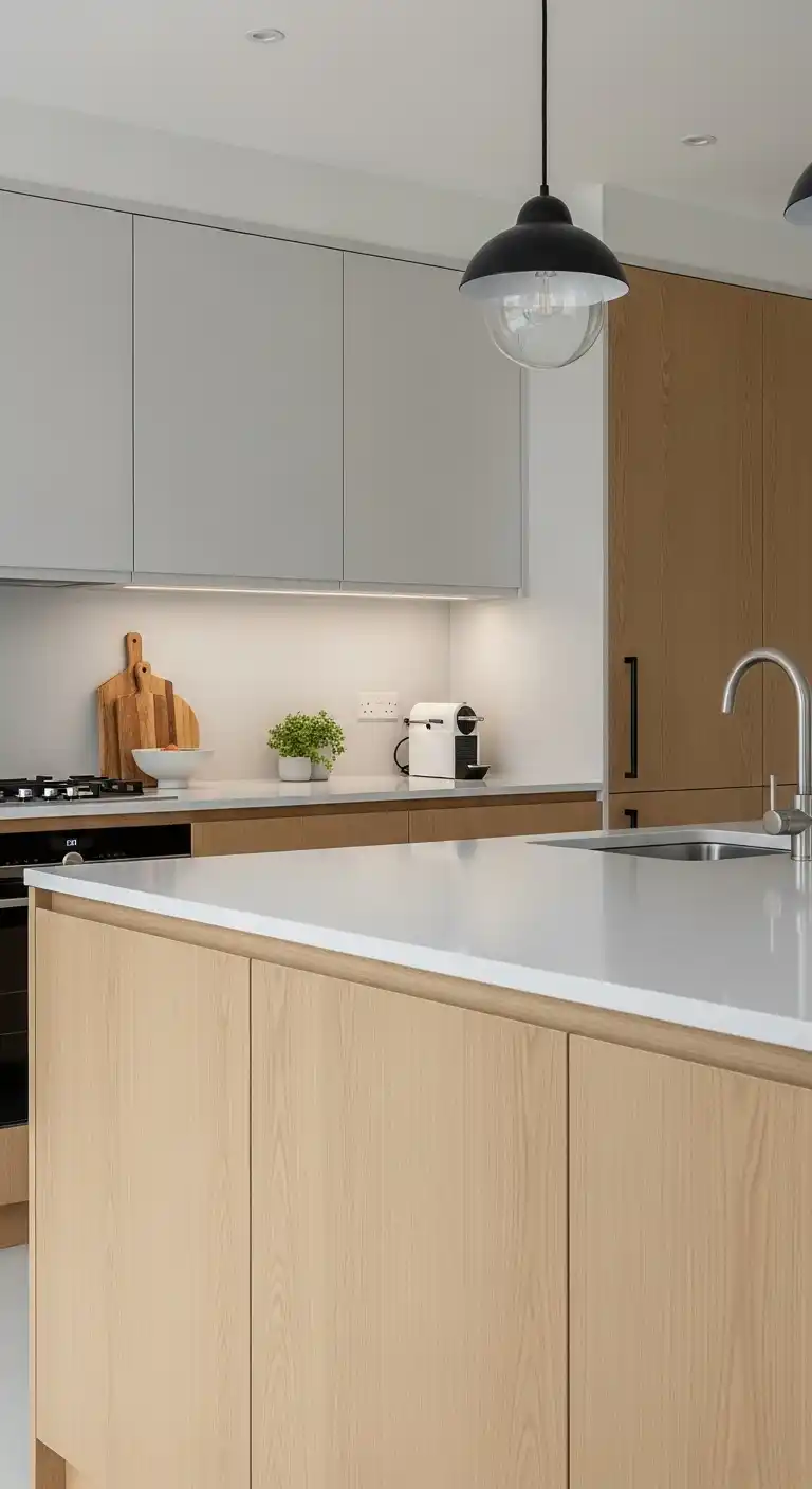 18. Light Gray Quartz with Natural Oak Cabinets