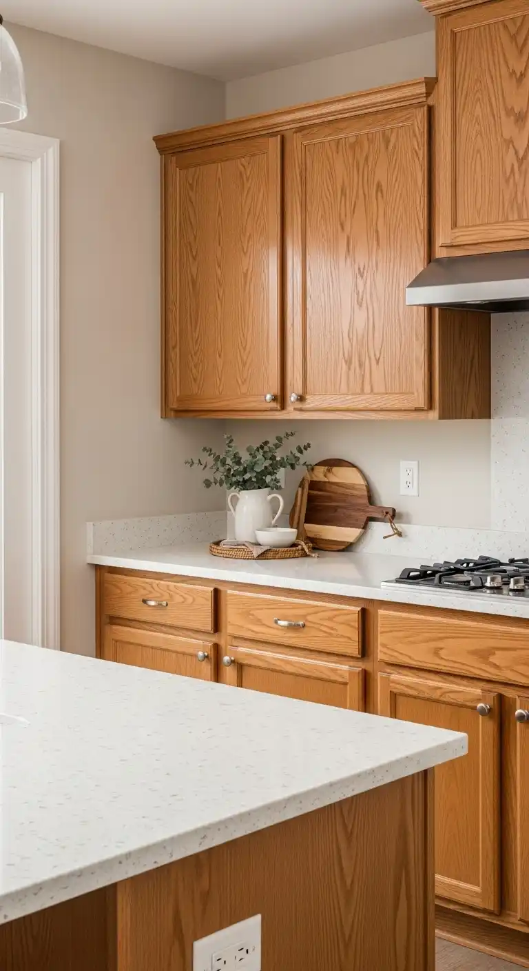 19. Quartz with Specks of Warm Beige and Oak Cabinets