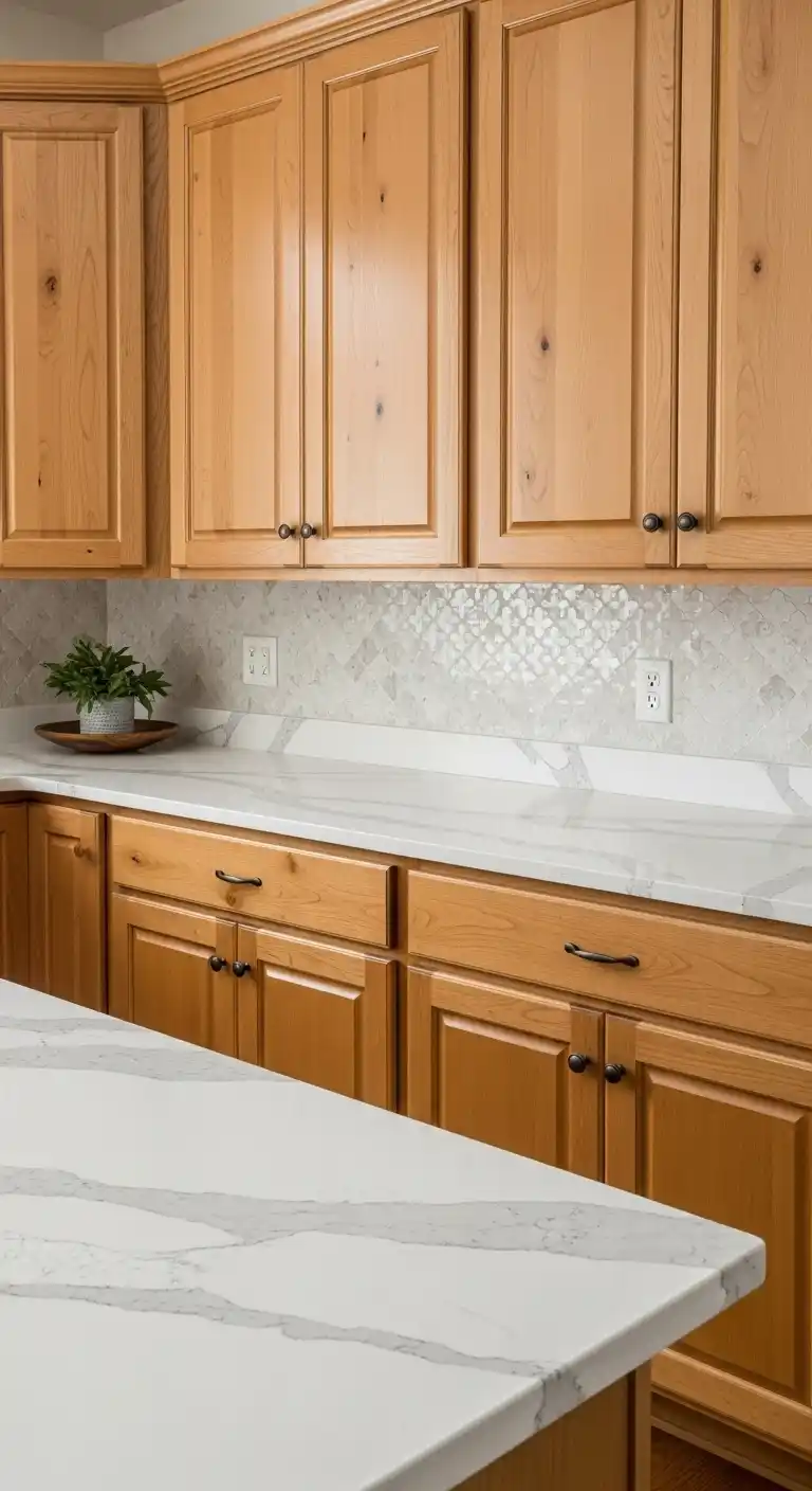 2. Marble-Look Quartz with Honey Oak Cabinets