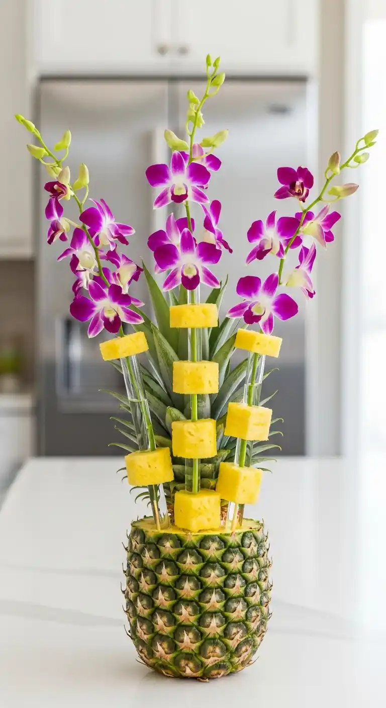 2. Tropical Pineapple and Orchid Display
