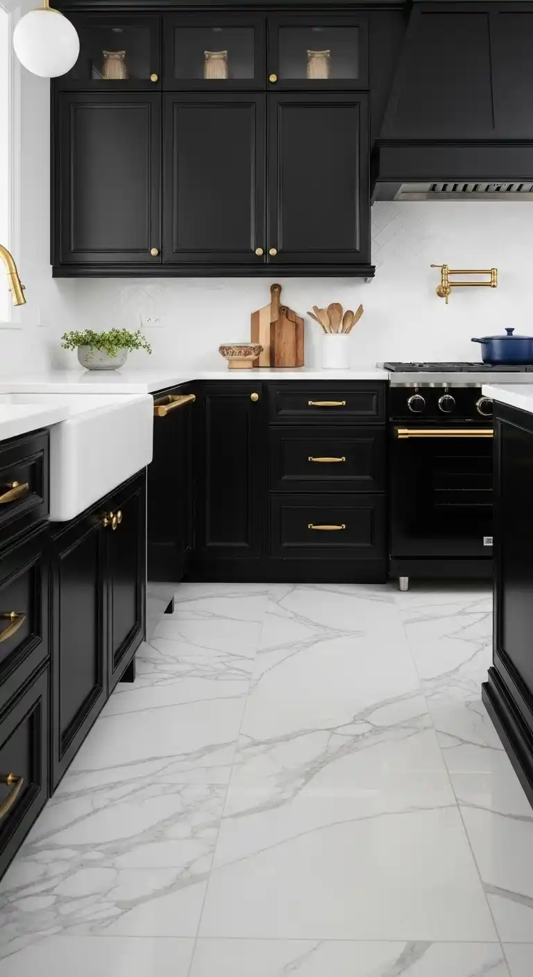 3. Go Bold with Black Cabinets and Gold Hardware