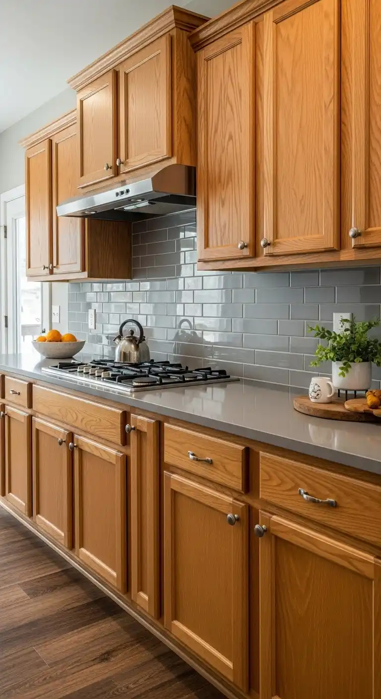 3. Gray Quartz with Warm Oak Cabinets