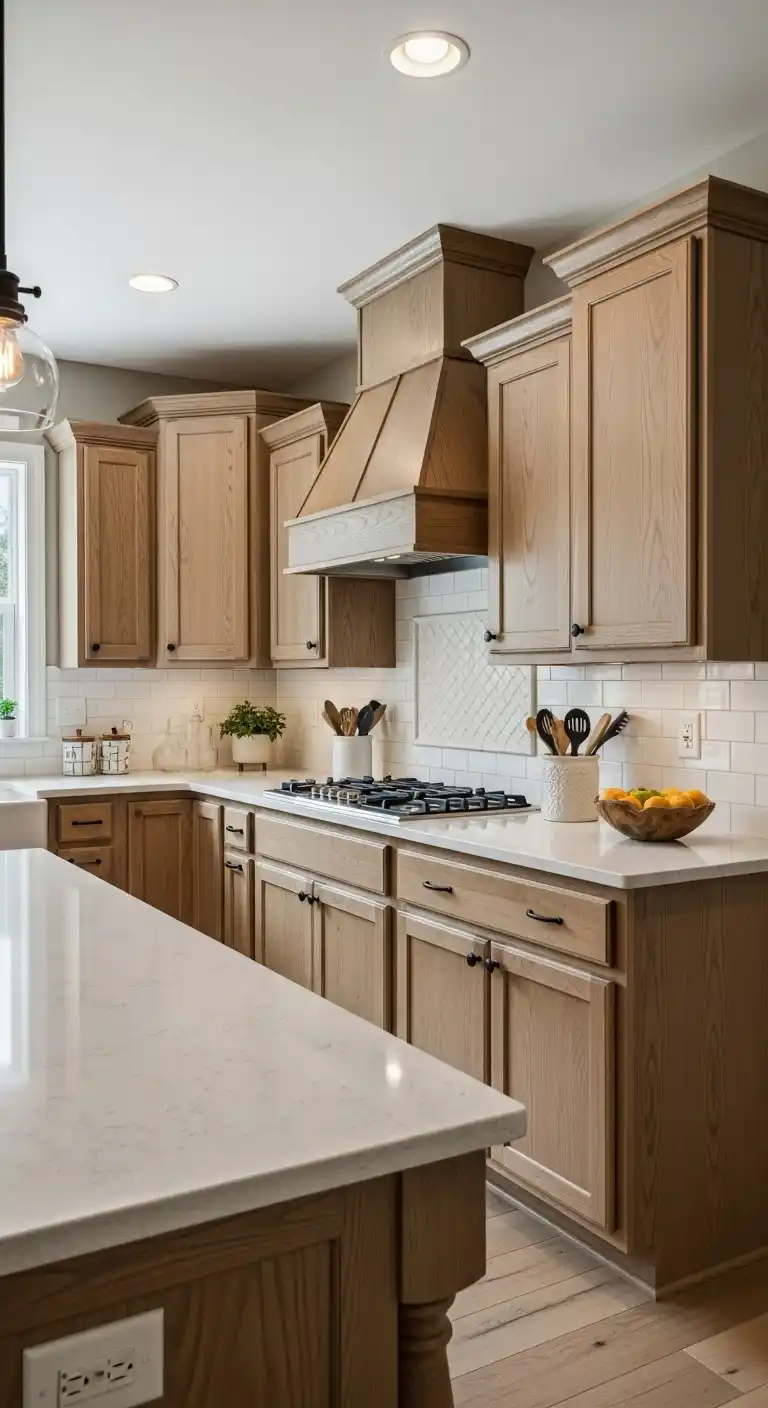 4. Beige Quartz with Rustic Oak Cabinets