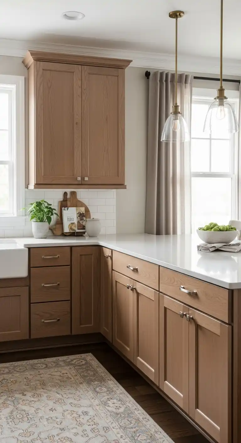 5. Soft Taupe Quartz with Mid-Tone Oak Cabinets
