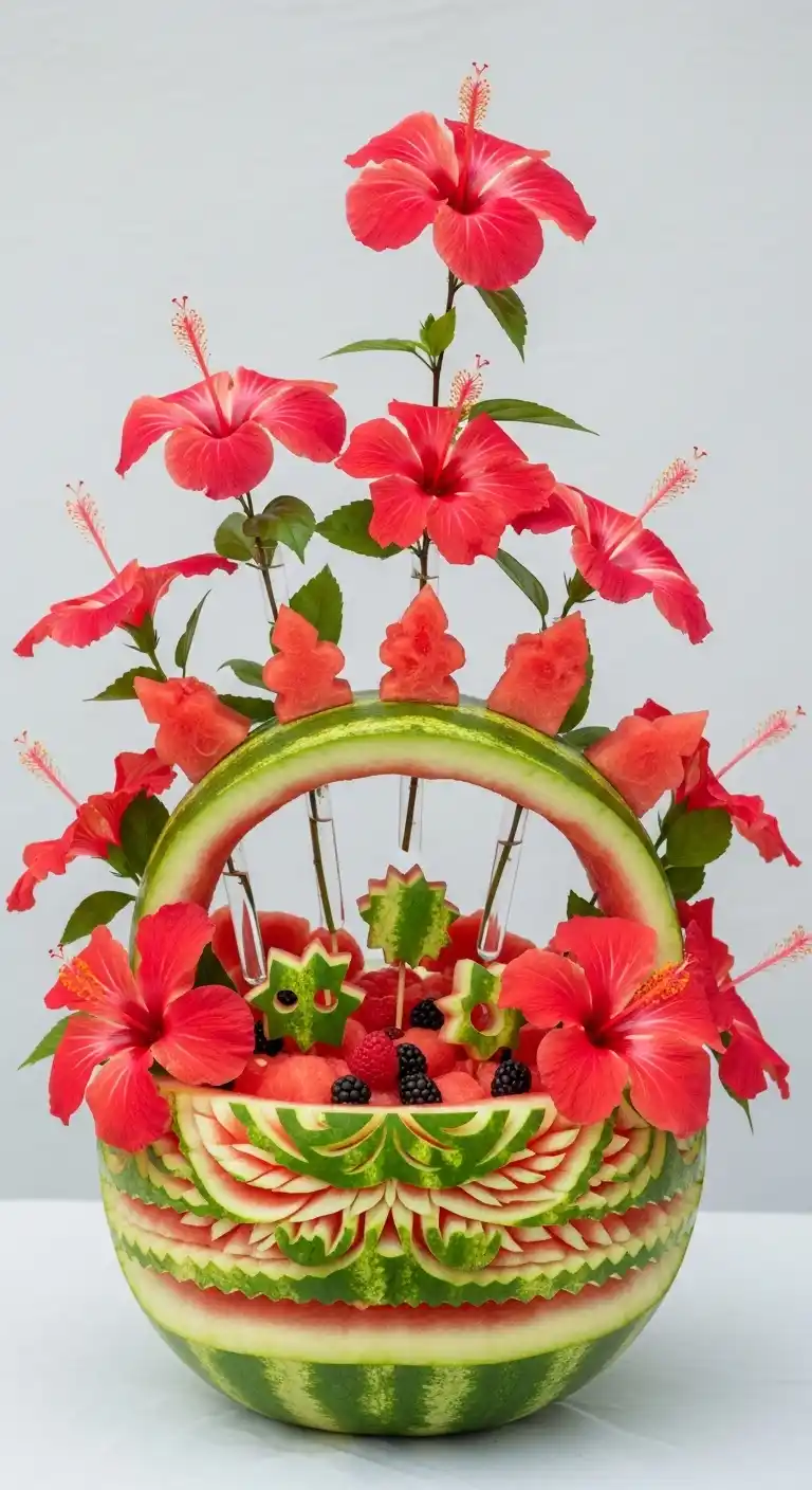 6. Watermelon and Hibiscus Carving Arrangement