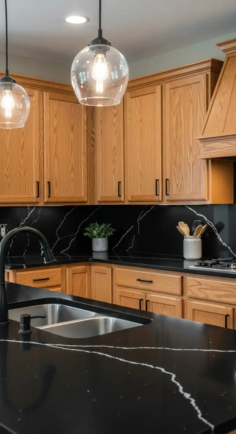 7. Black Quartz with Oak Cabinets