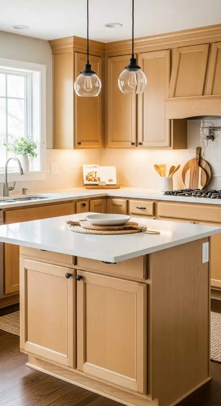 8. Cream Quartz with Golden Oak Cabinets