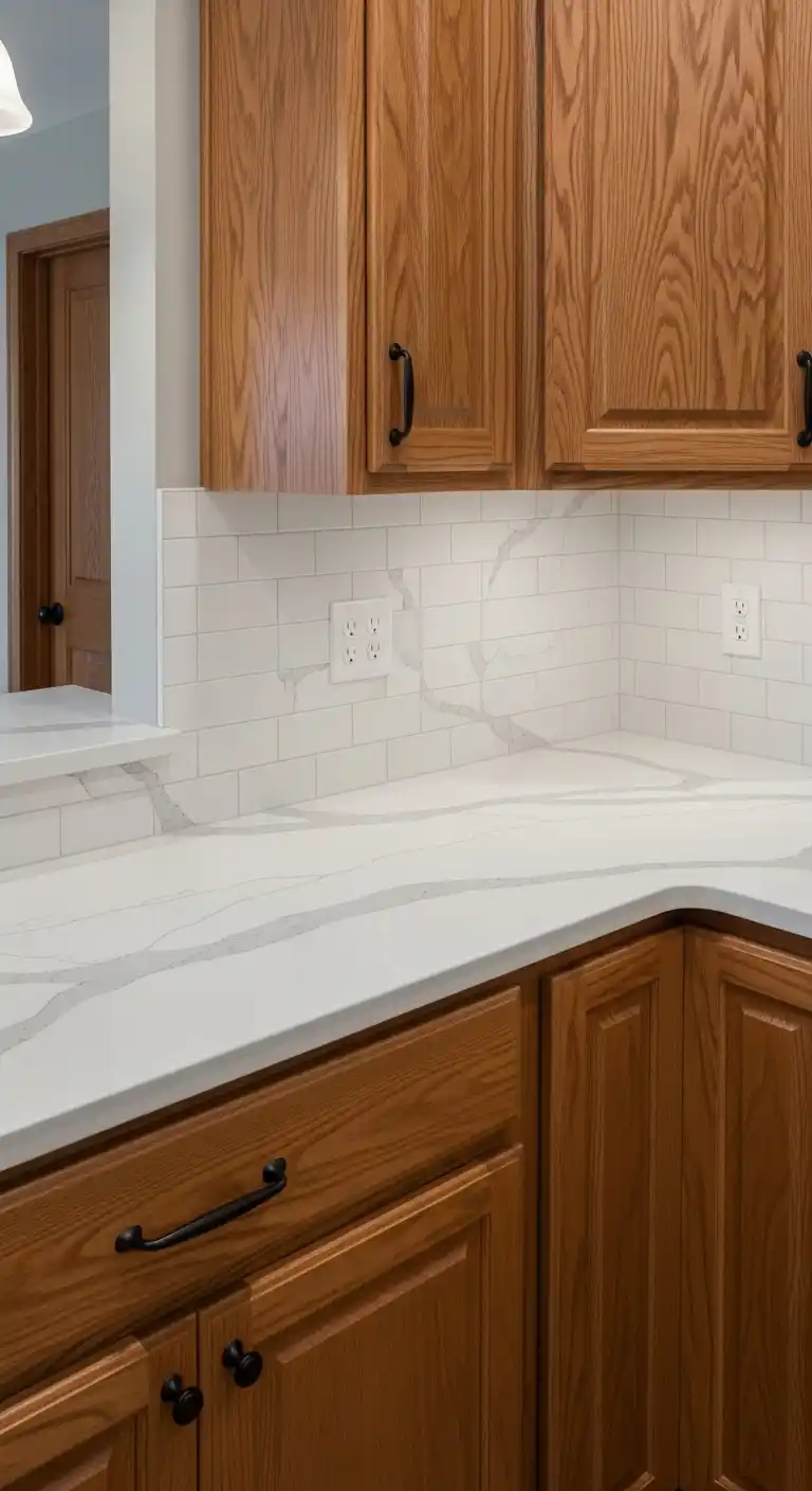 9. Quartz with Subtle Veins Paired with Oak Cabinets