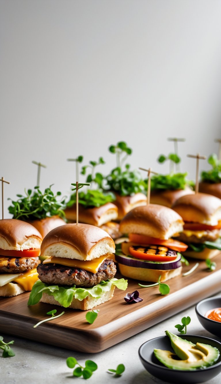 A gourmet slider bar displaying beef, chicken, and vegetarian sliders arranged on a wooden board with small bowls of dipping sauces.