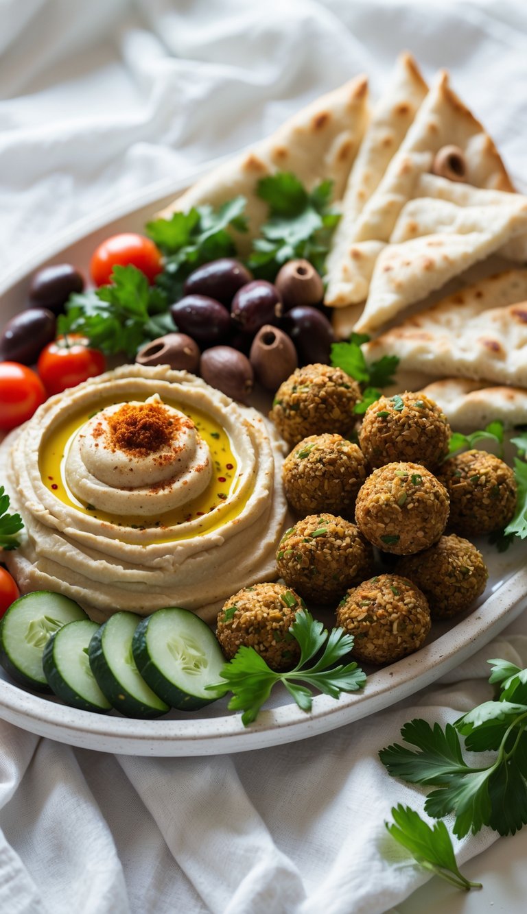 A Mediterranean mezze platter with hummus, falafel, pita bread, cucumbers, cherry tomatoes, olives, and parsley on a white surface.