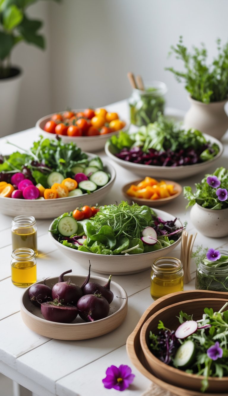 A seasonal farm-to-table salad bar with fresh vegetables and greens arranged in bowls on a wooden table.