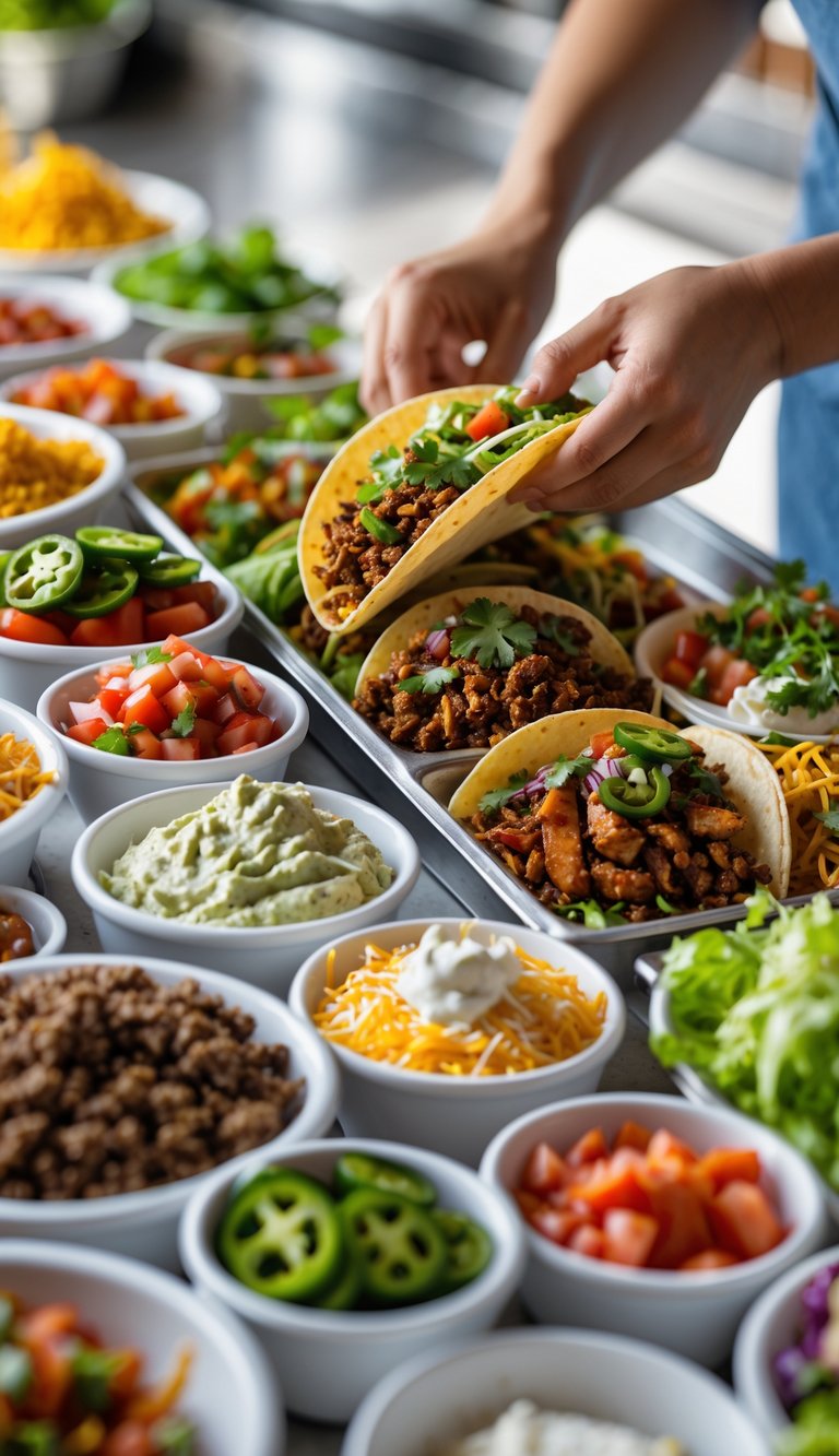 A taco stand with bowls of various fillings and toppings and hands assembling a taco.