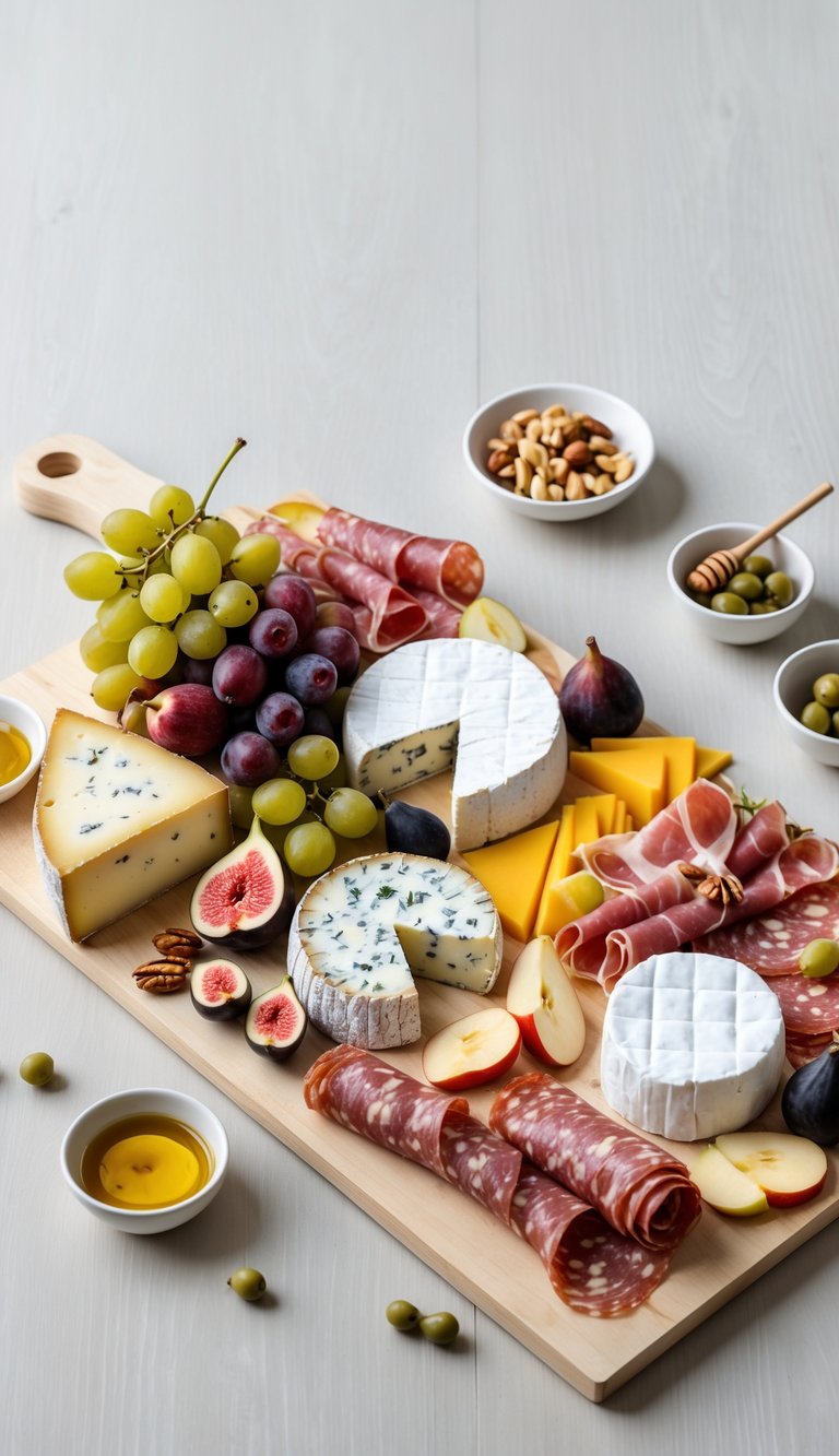 A charcuterie and artisan cheese board with assorted cheeses, cured meats, fresh fruits, nuts, and olives on a wooden surface.