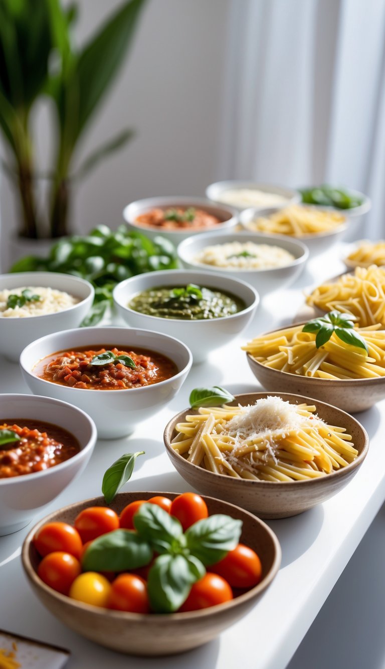 A build-your-own pasta station with bowls of fresh pasta, colorful sauces, and garnishes arranged on a white table.