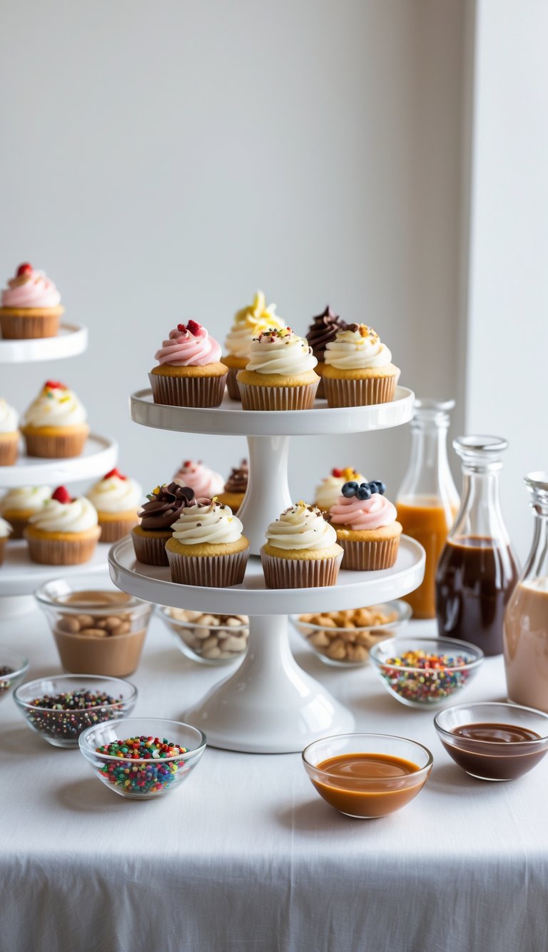 A DIY dessert bar with cupcakes on tiered stands, bowls of toppings like sprinkles and nuts, and bottles of sauces arranged on a clean surface.