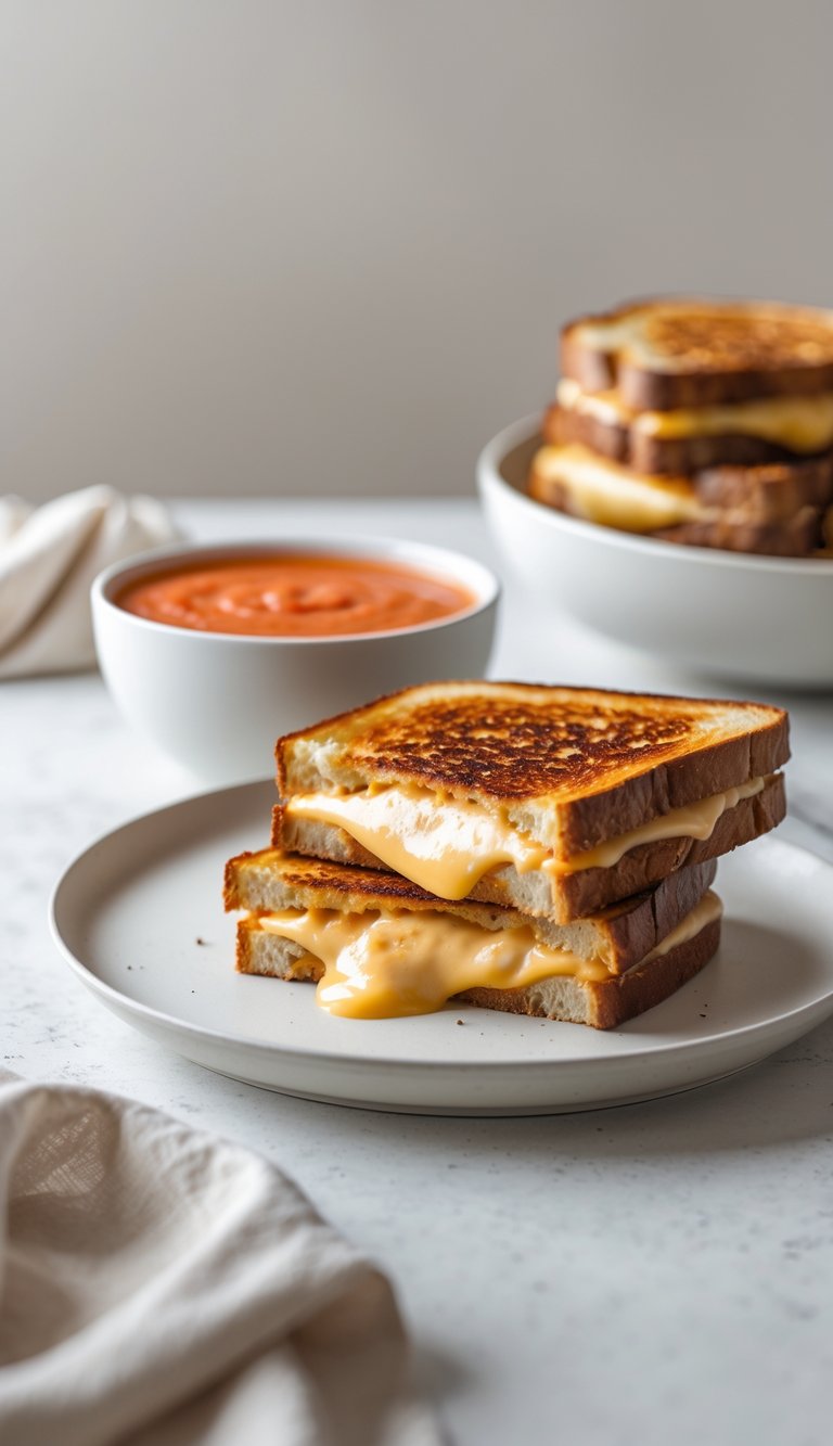 A grilled cheese sandwich on a white plate next to a bowl of tomato soup on a neutral background.