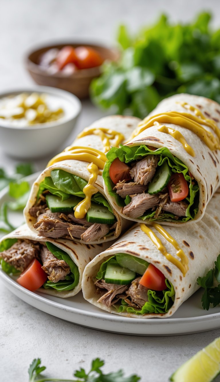 Close-up of Middle Eastern shawarma wraps filled with meat, fresh vegetables, and sauces on a white plate.