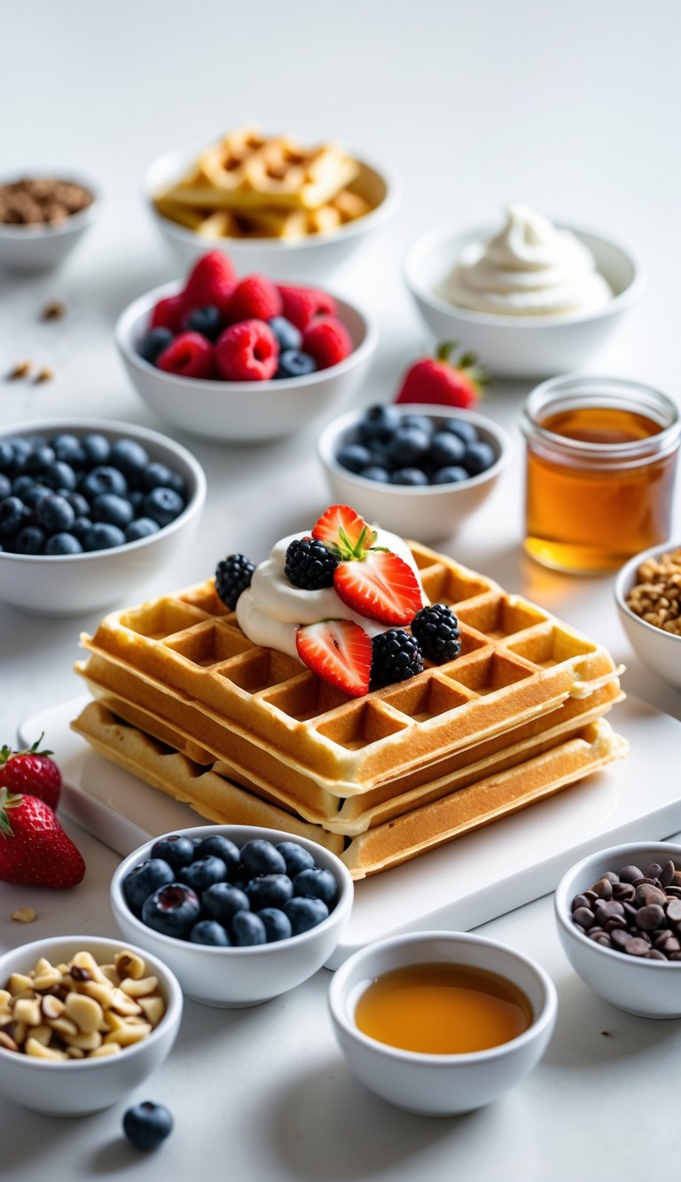 Breakfast waffle station with golden waffles and bowls of fresh fruit, nuts, syrup, and whipped cream arranged on a white surface.